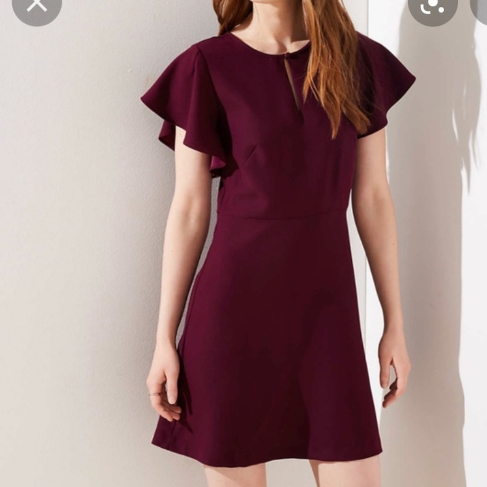 Loft Dark Plum Flutter Short Sleeve Dress SZ 4